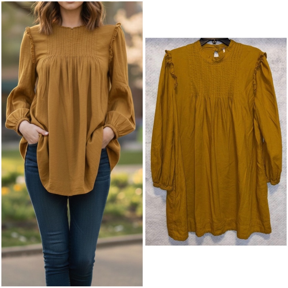 Free People Tunic Womens M Yellow Linen Blend Ruffle Sleeve Peasant Smocked Top